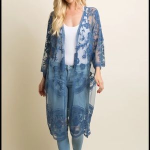 Pinkblush Blue Lace Mesh Long Kimono